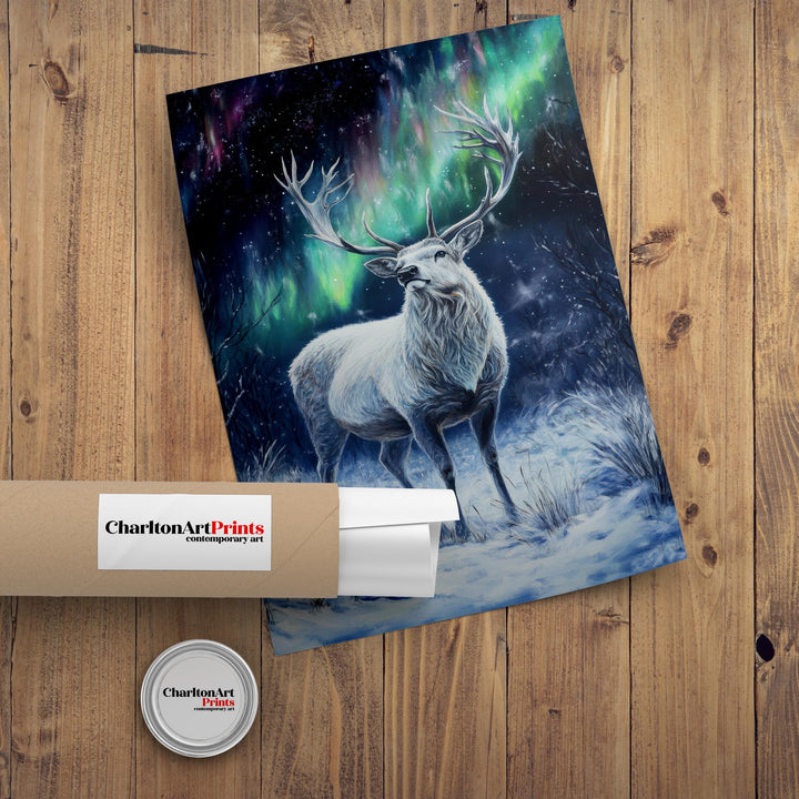 White Stag with Shimmering Antlers Poster Cottagecore Decor Dark Academia Art Enchanted Wildlife Illustration Vintage Nature Wall Art Poster