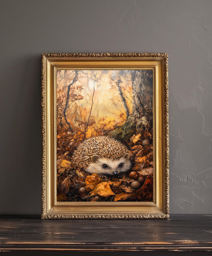 Hedgehog Amongst Autumn Leaves Poster Cottagecore Decor Dark Academia Art Vintage Wildlife Illustration Rustic Nature Wall Art Poster Print