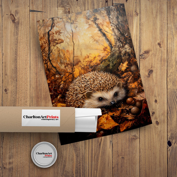 Hedgehog Amongst Autumn Leaves Poster Cottagecore Decor Dark Academia Art Vintage Wildlife Illustration Rustic Nature Wall Art Poster Print