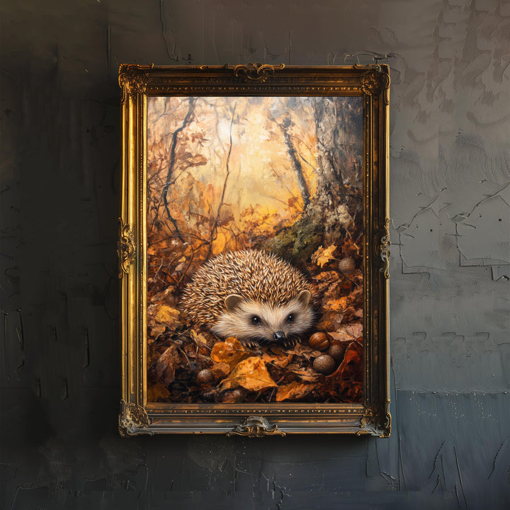 Hedgehog Amongst Autumn Leaves Poster Cottagecore Decor Dark Academia Art Vintage Wildlife Illustration Rustic Nature Wall Art Poster Print