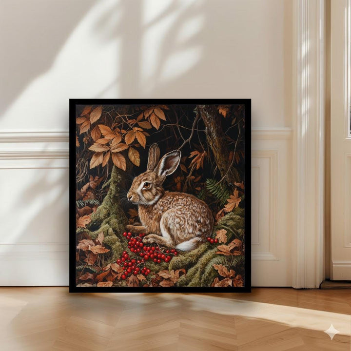Brown Hare Amongst Berries Poster Cottagecore Decor Dark Academia Art Vintage Wildlife Illustration Rustic Nature Wall Art Poster Print