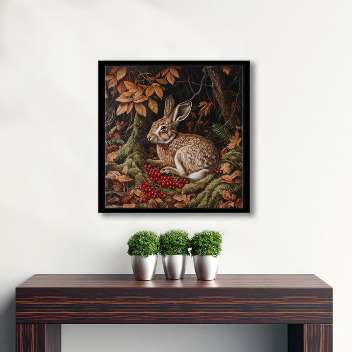 Brown Hare Amongst Berries Poster Cottagecore Decor Dark Academia Art Vintage Wildlife Illustration Rustic Nature Wall Art Poster Print