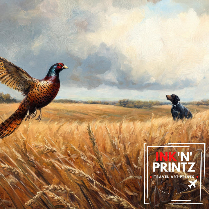 Pheasant Taking Flight Over Golden Field Poster Cottagecore Decor Country Landscape Art Vintage Wildlife Illustration Rustic Nature Wall