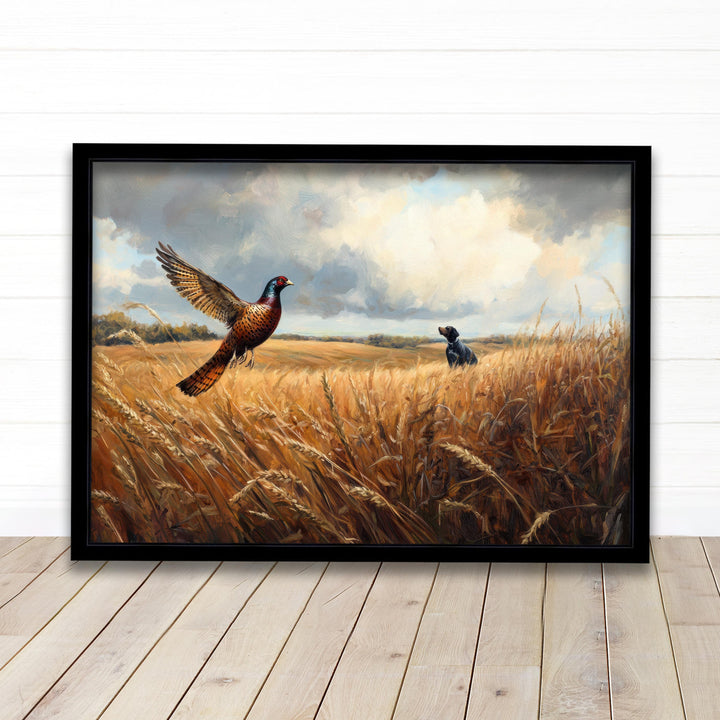 Pheasant Taking Flight Over Golden Field Poster Cottagecore Decor Country Landscape Art Vintage Wildlife Illustration Rustic Nature Wall