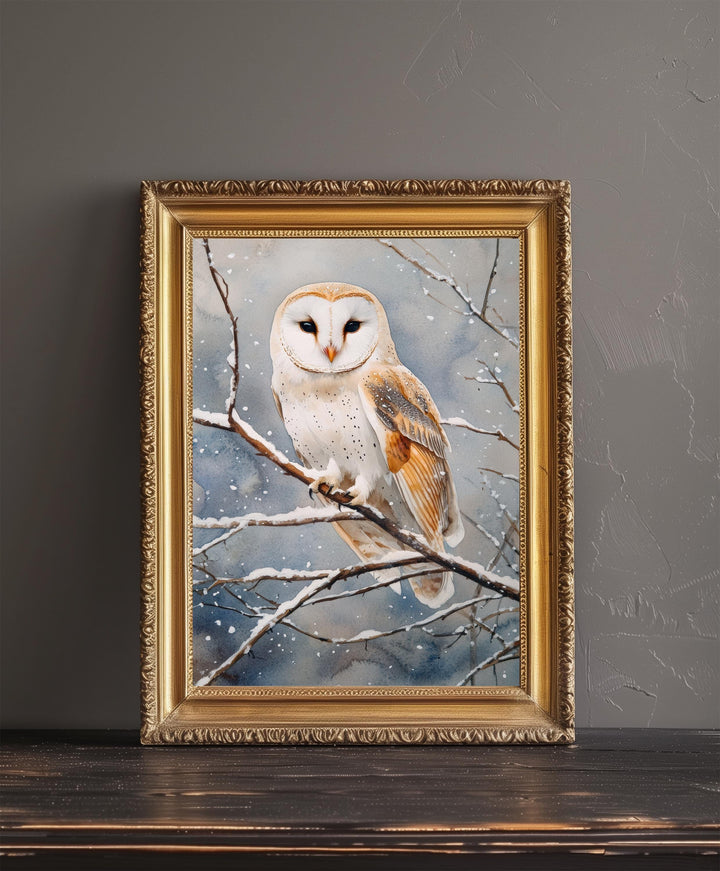 Owl Perched on Winter Branch Poster Cottagecore Decor Dark Academia Art Vintage Wildlife Illustration Rustic Nature Wall Art Poster Print