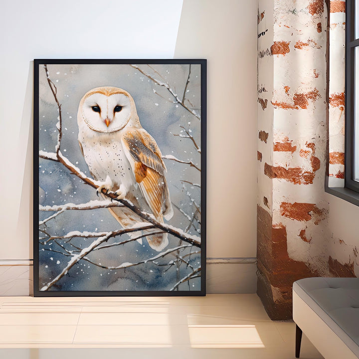 Owl Perched on Winter Branch Poster Cottagecore Decor Dark Academia Art Vintage Wildlife Illustration Rustic Nature Wall Art Poster Print