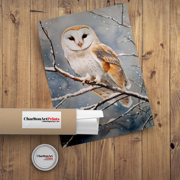 Owl Perched on Winter Branch Poster Cottagecore Decor Dark Academia Art Vintage Wildlife Illustration Rustic Nature Wall Art Poster Print