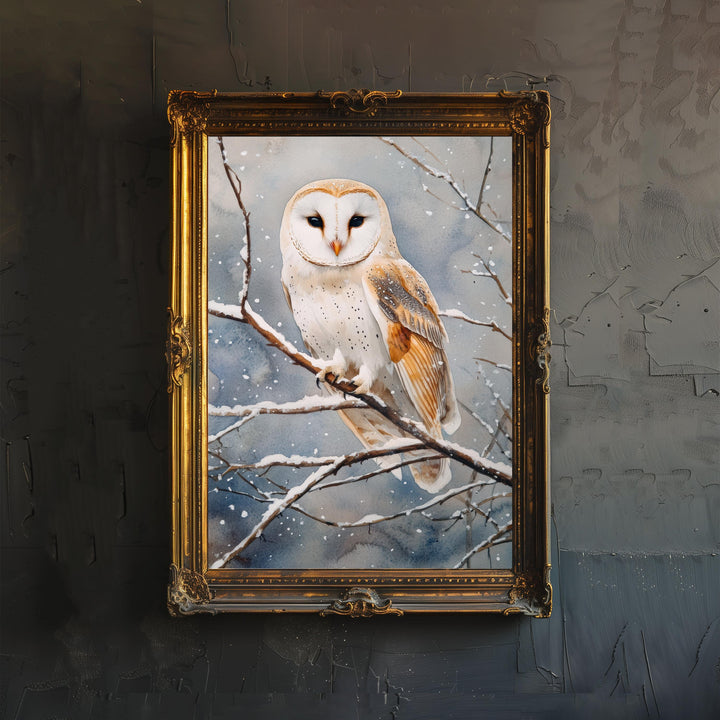 Owl Perched on Winter Branch Poster Cottagecore Decor Dark Academia Art Vintage Wildlife Illustration Rustic Nature Wall Art Poster Print