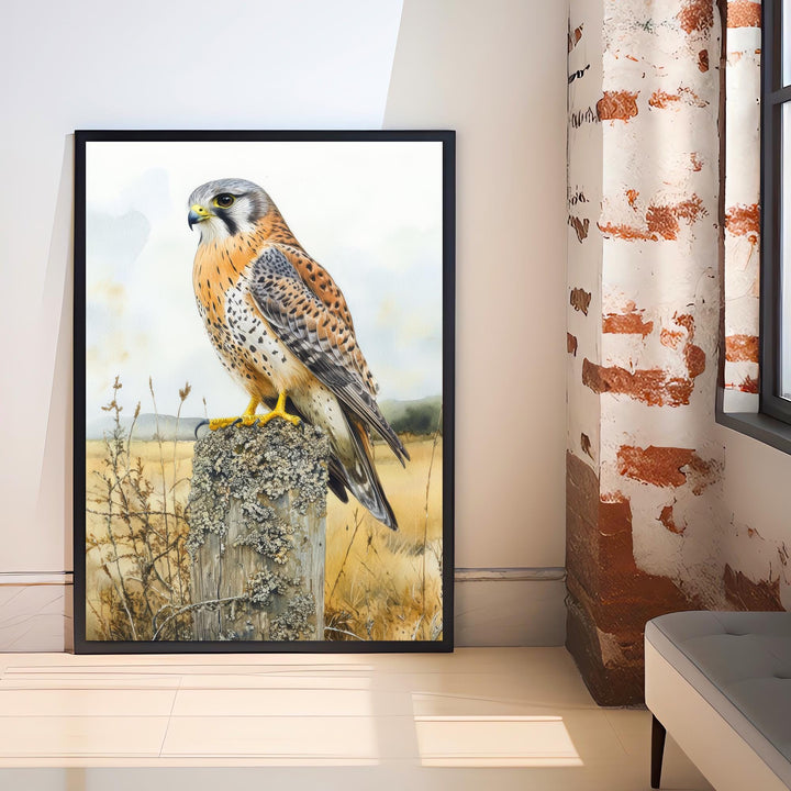 Kestrel Perched on a Fence Watercolour Poster Cottagecore Decor Nature Art Vintage Wildlife Illustration Rustic Countryside Wall Art