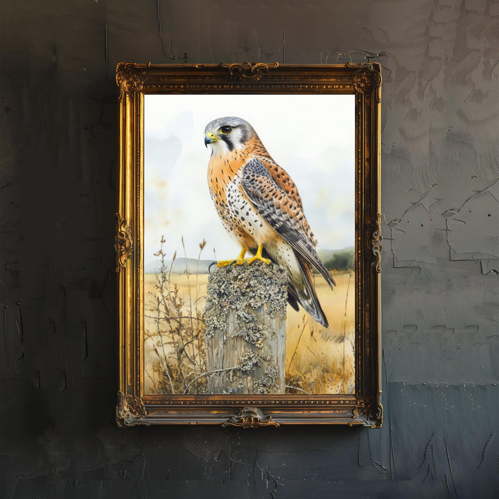 Kestrel Perched on a Fence Watercolour Poster Cottagecore Decor Nature Art Vintage Wildlife Illustration Rustic Countryside Wall Art