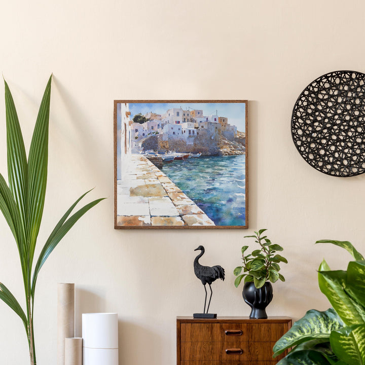 Naxos Greece Watercolour Landscape Painting Poster Wall Art Coastal Island Scene Print Gift for Europe Lovers and Fans of Scenic Greek