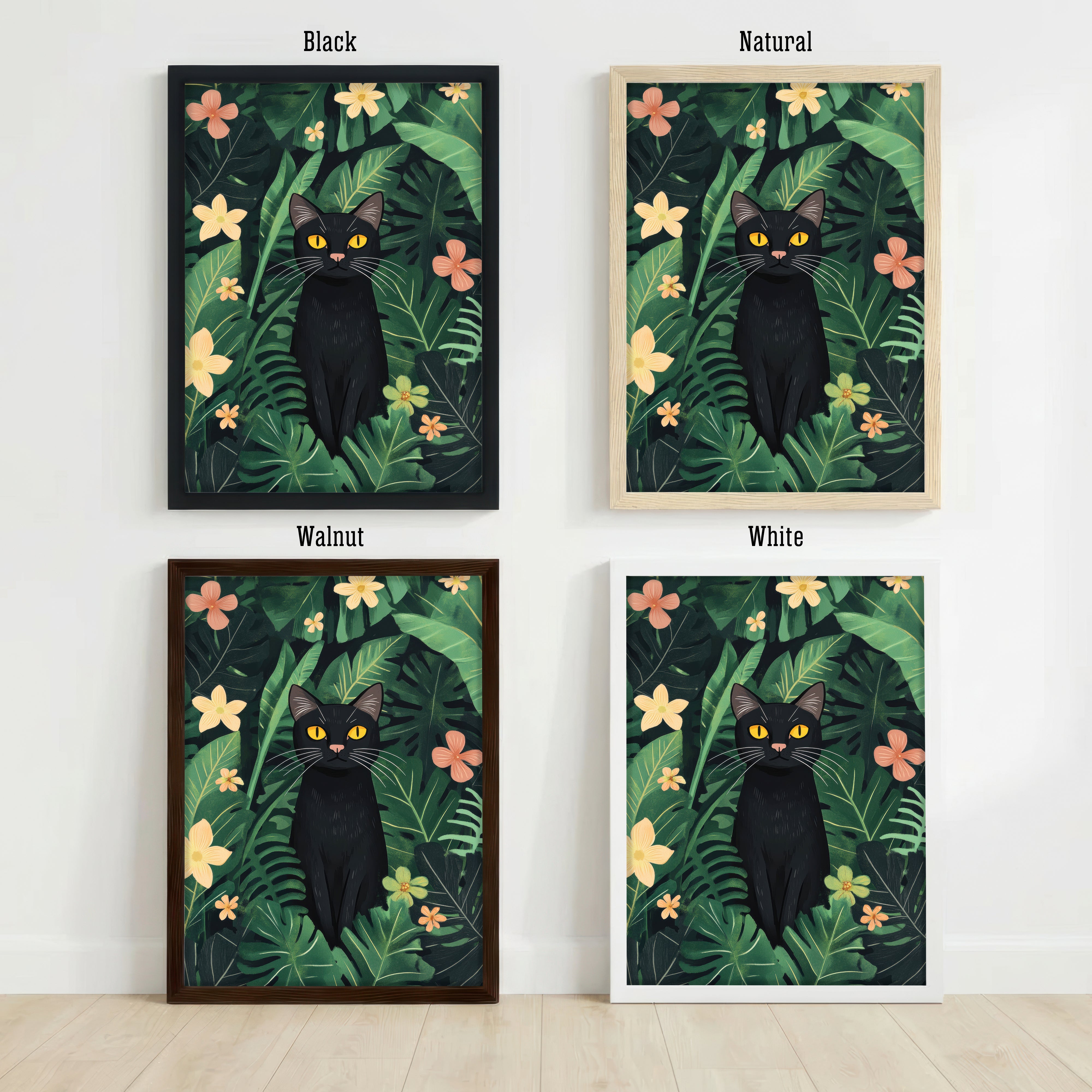 Black Cat Tropical Botanical Art Print