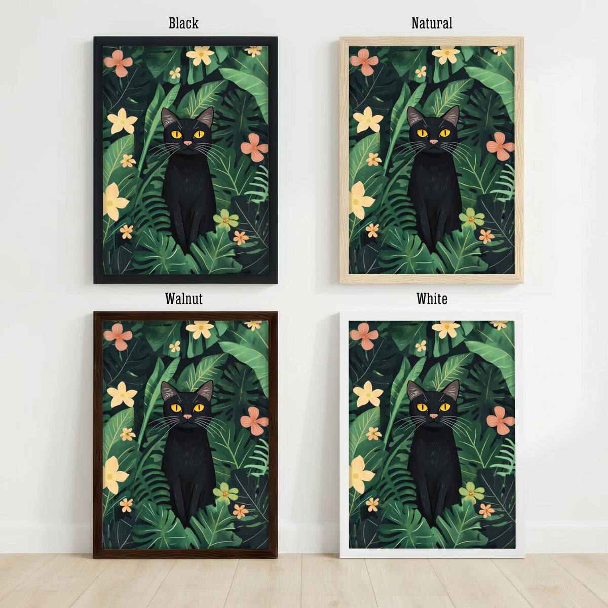 Black Cat Tropical Botanical Art Print