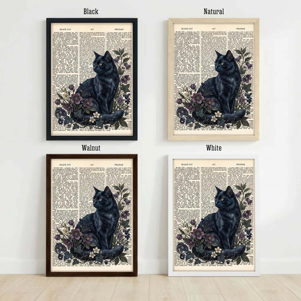 Vintage Black Cat Botanical Art Print