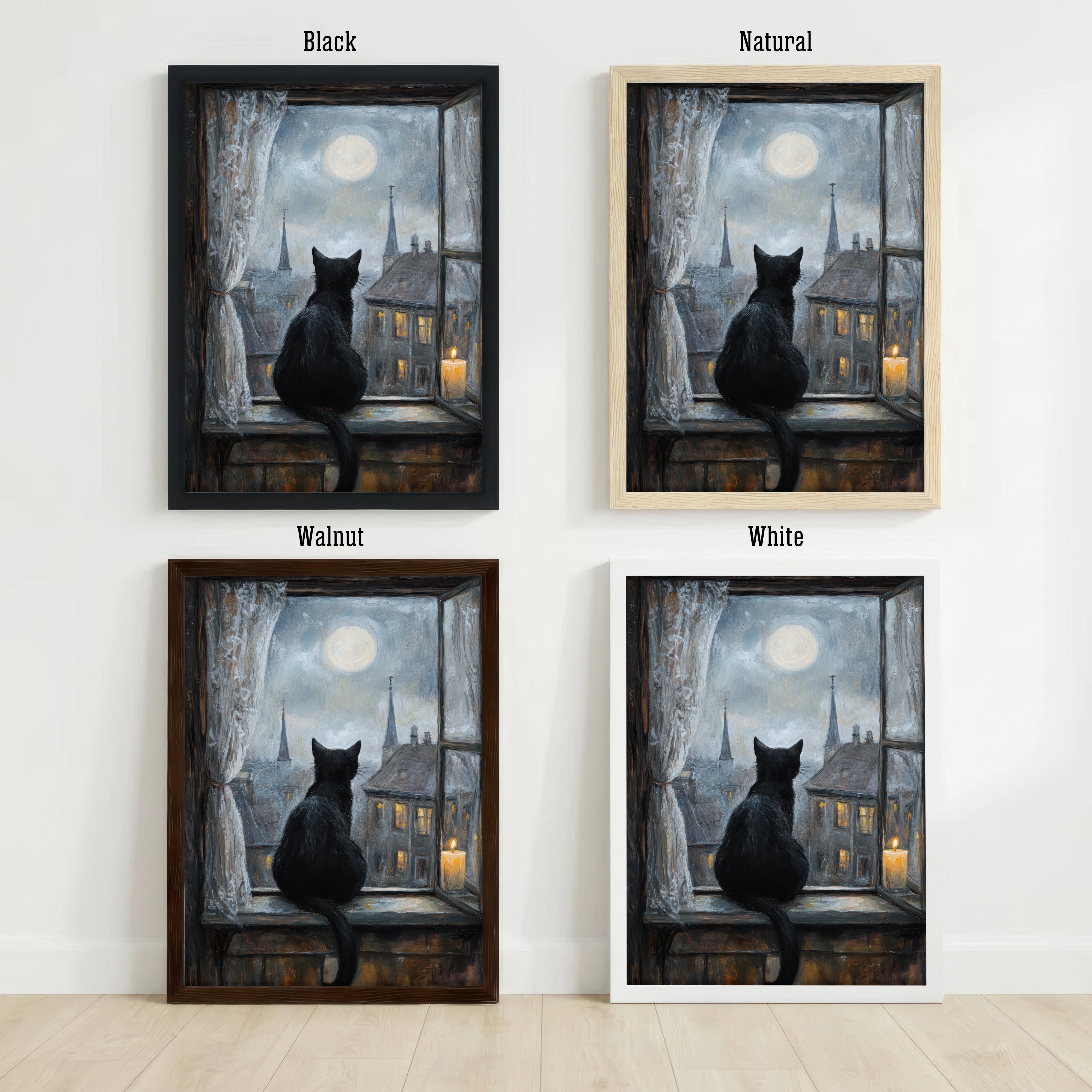 Black Cat Moonlit Window Art Print