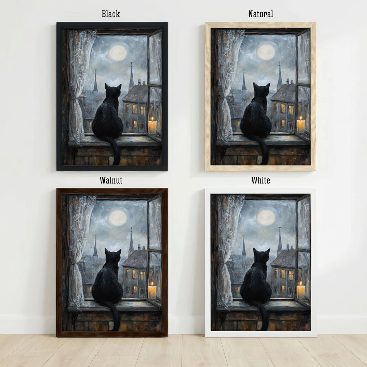 Black Cat Moonlit Window Art Print