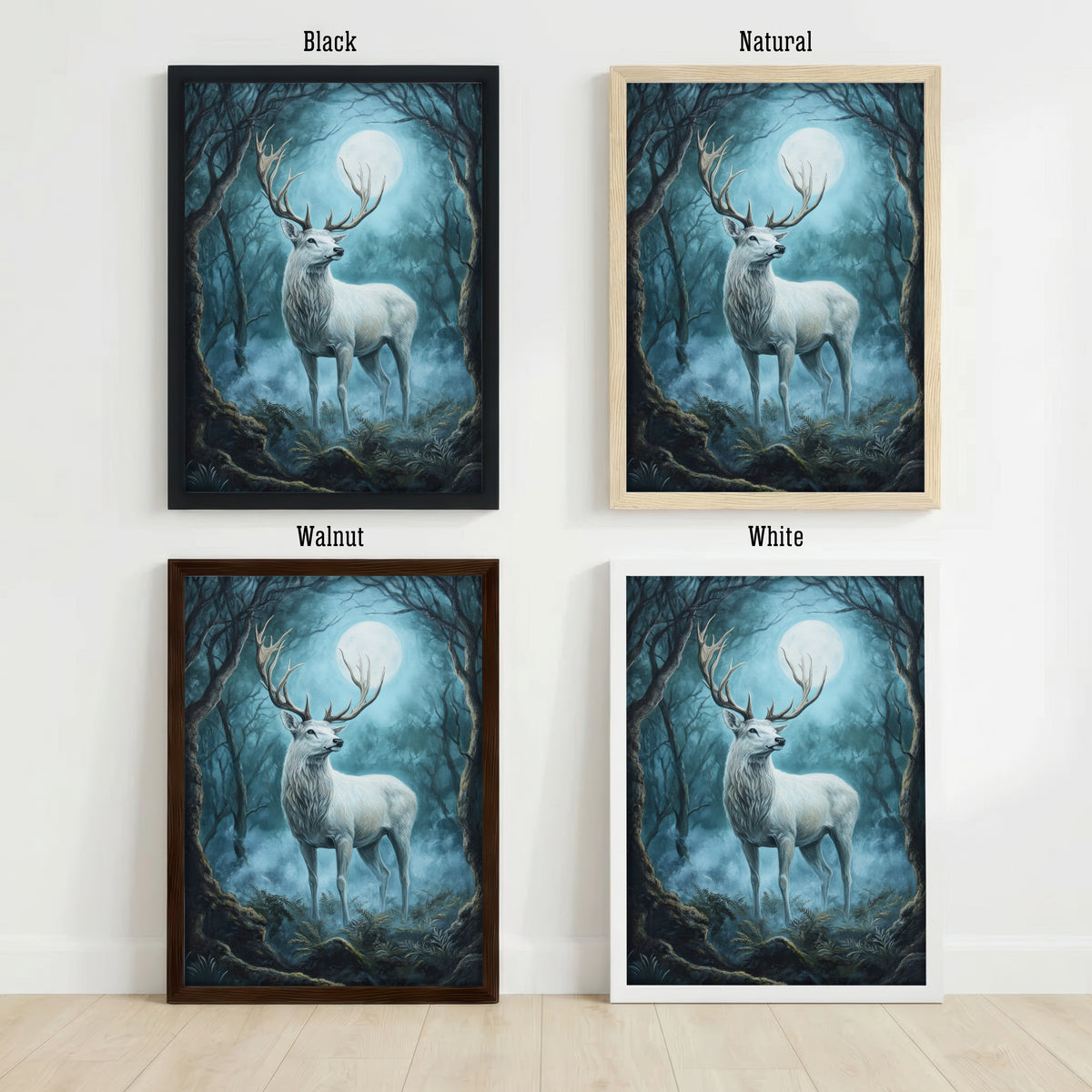 White Stag Moonlit Forest Art Print
