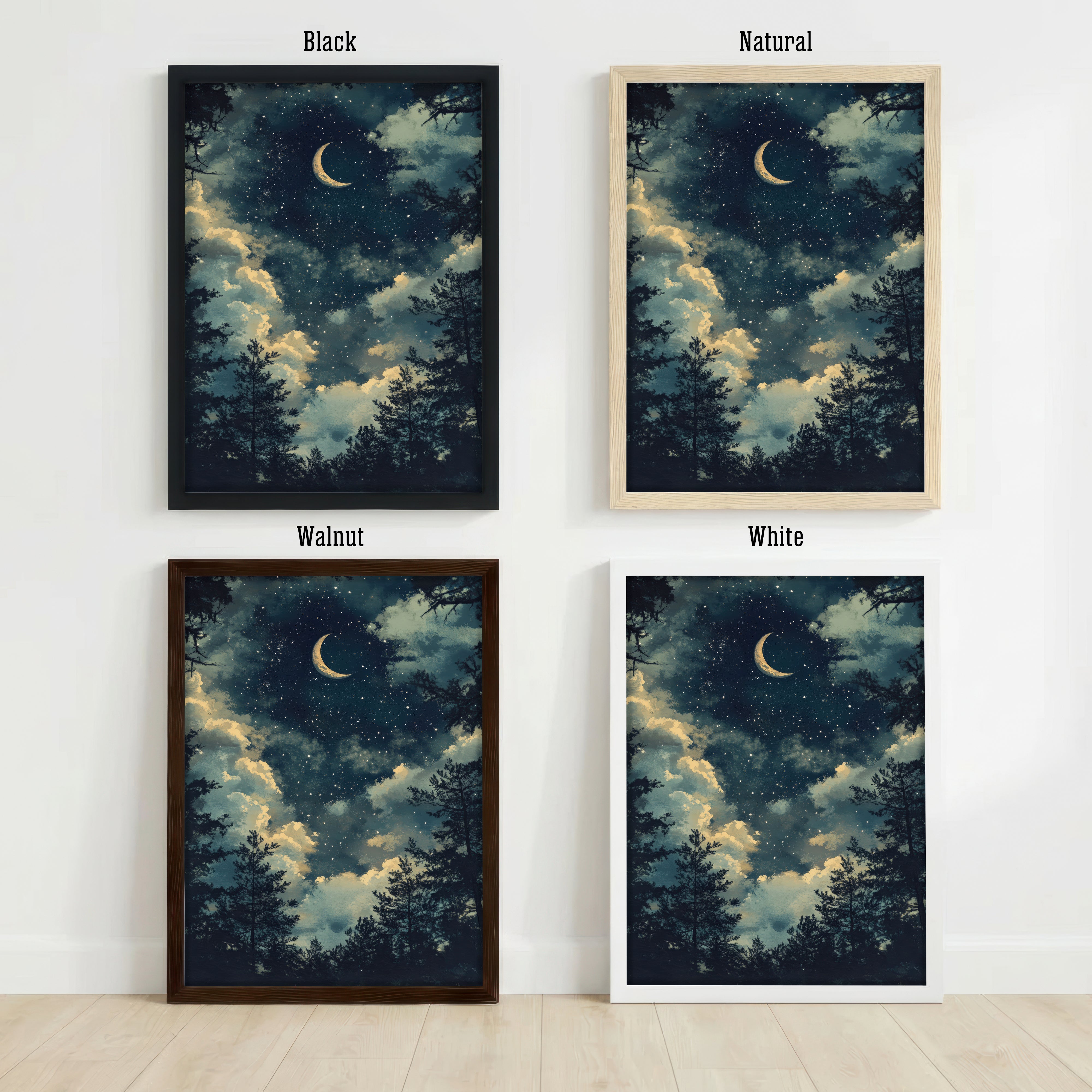 Moonlit Forest Crescent Moon Art Print