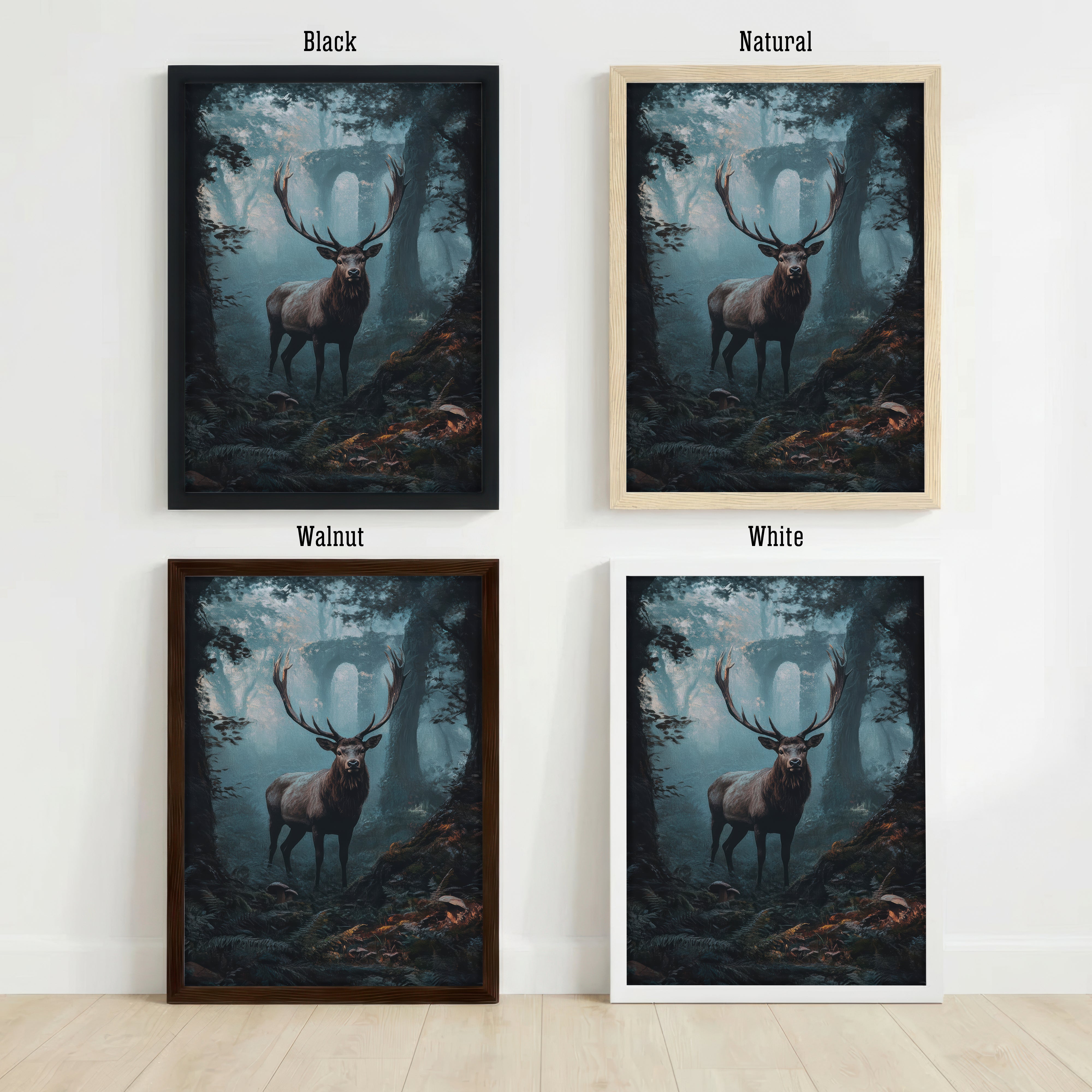 Stag in Misty Forest Art Print