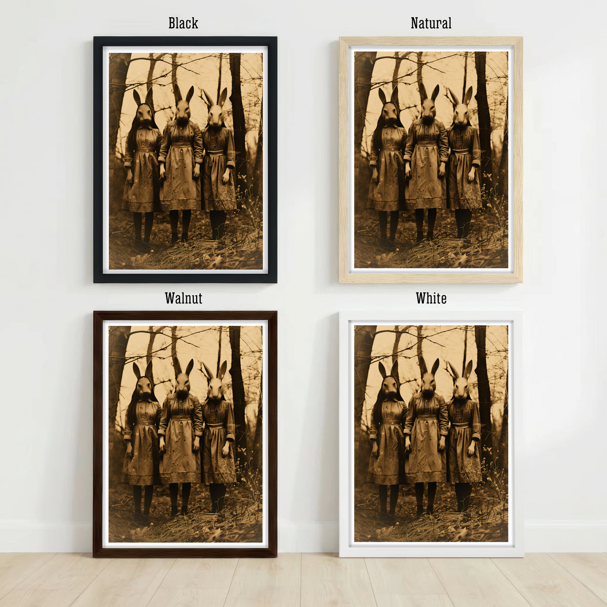 Three Rabbit Girls Dark Academia Art Print