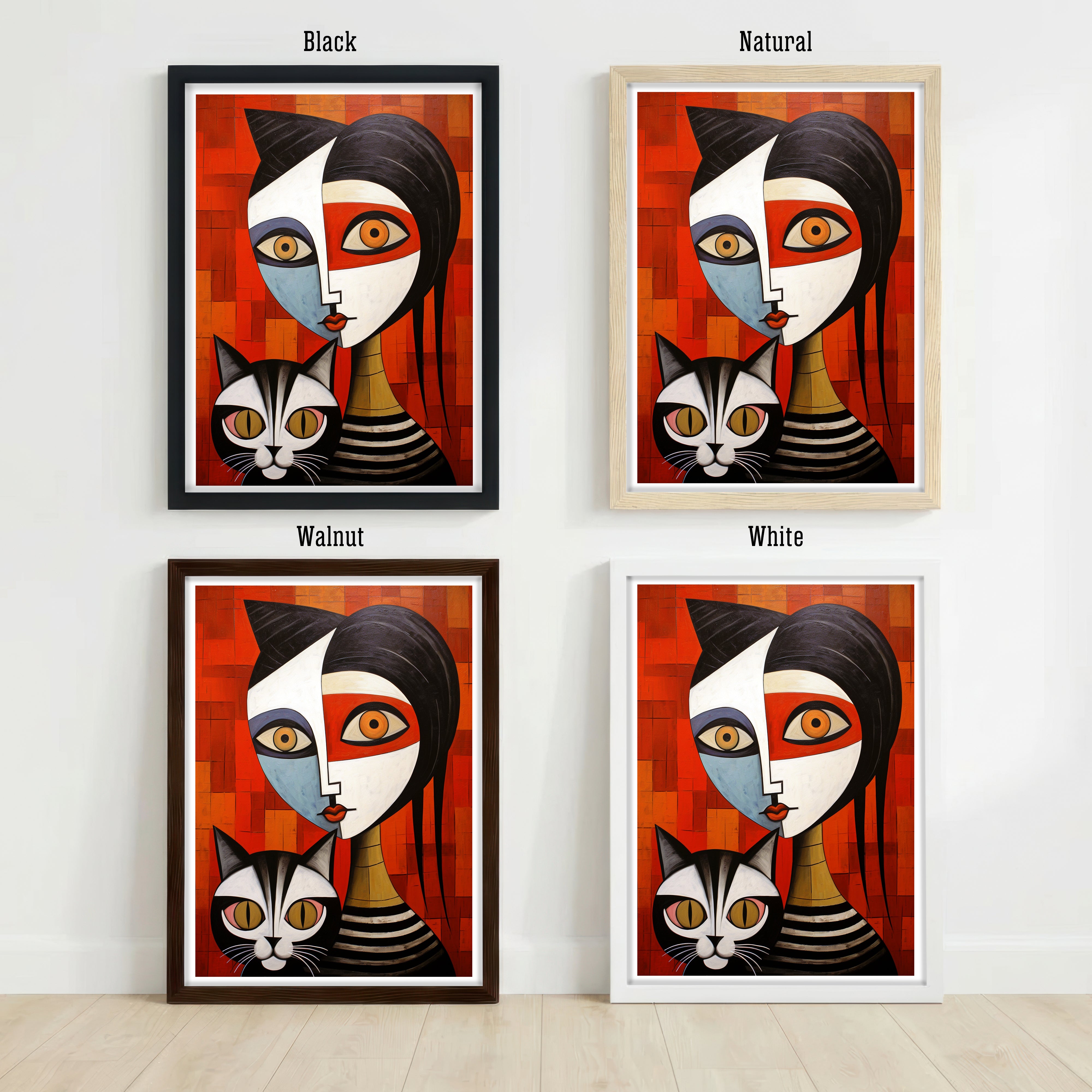 Geometric Woman and Cat Art Print