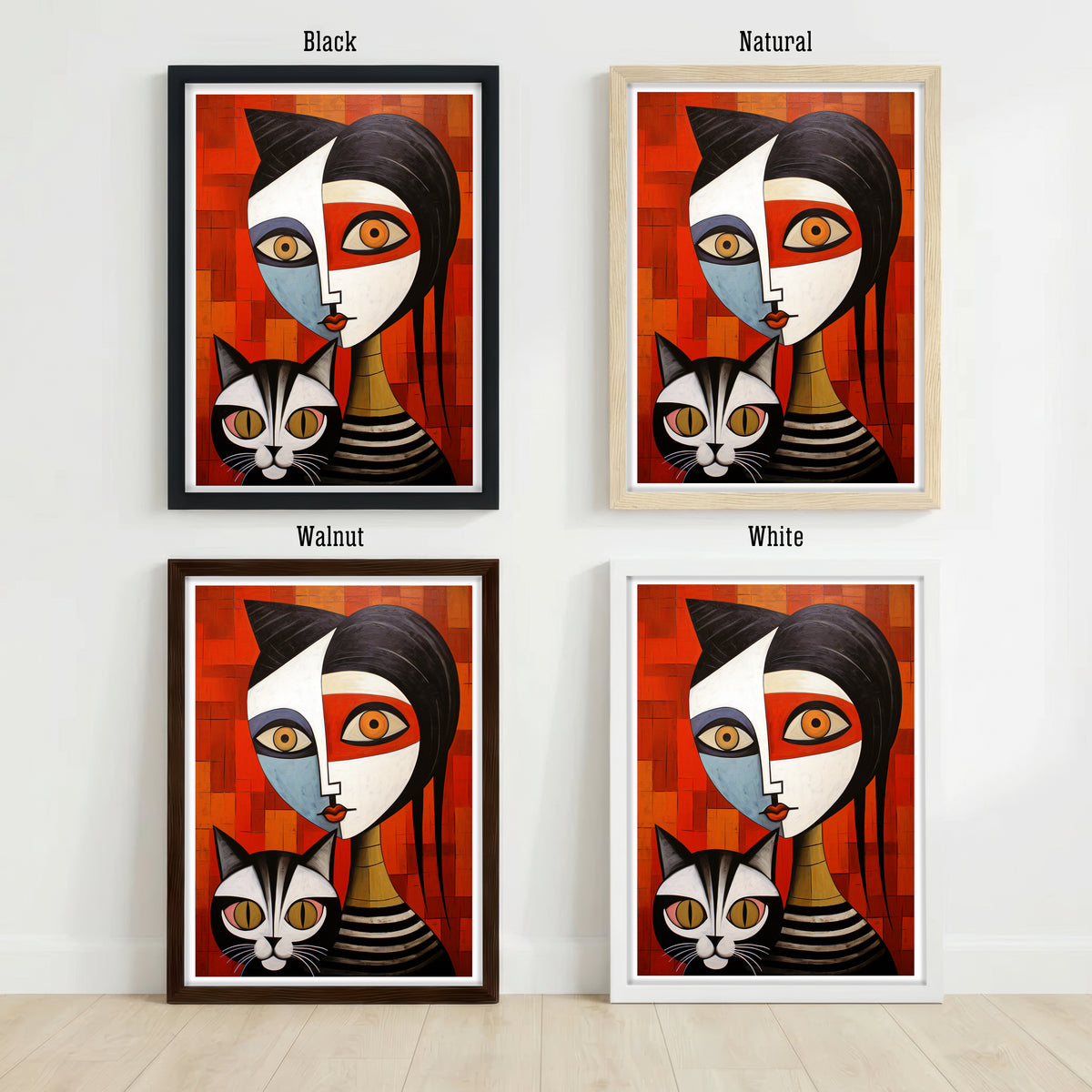 Geometric Woman and Cat Art Print