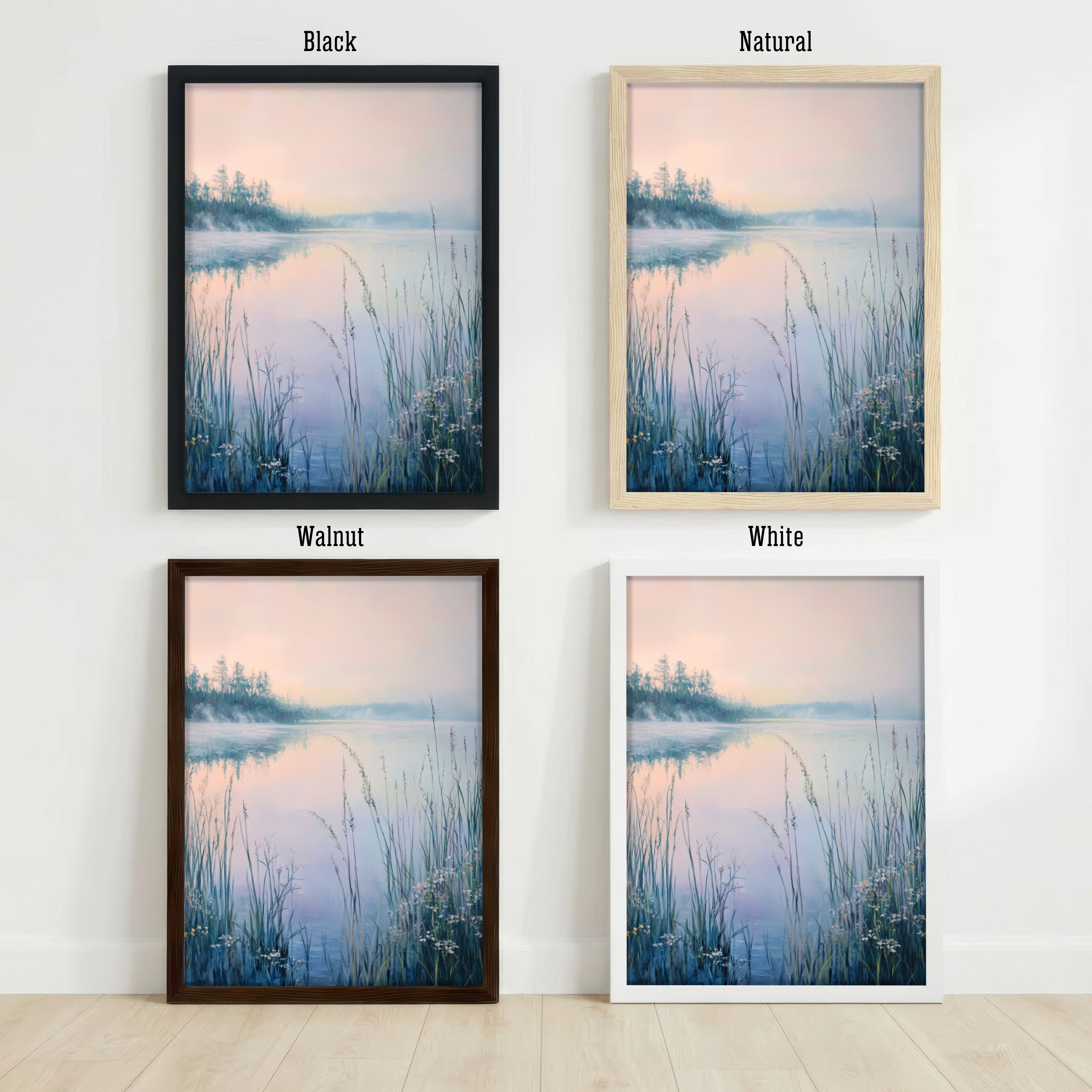 Misty Lake Reeds Landscape Art Print