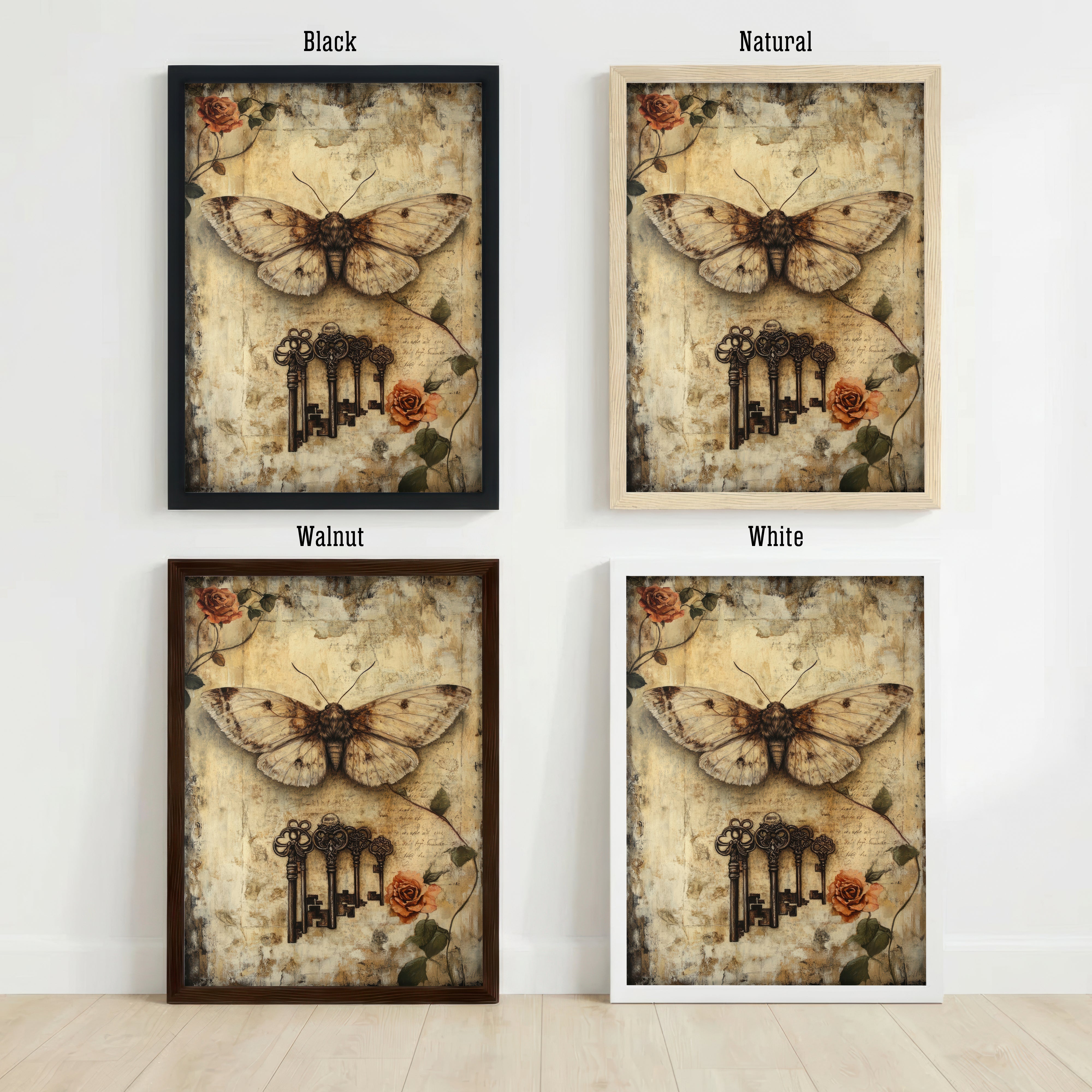 Moth and Keys Vintage Art Print