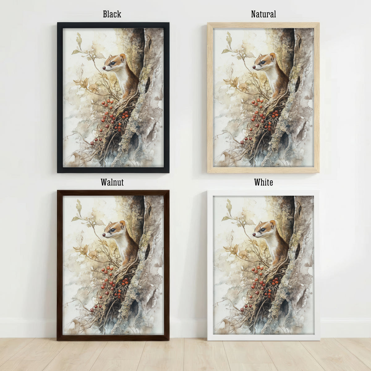 Stoat Woodland Watercolour Art Print