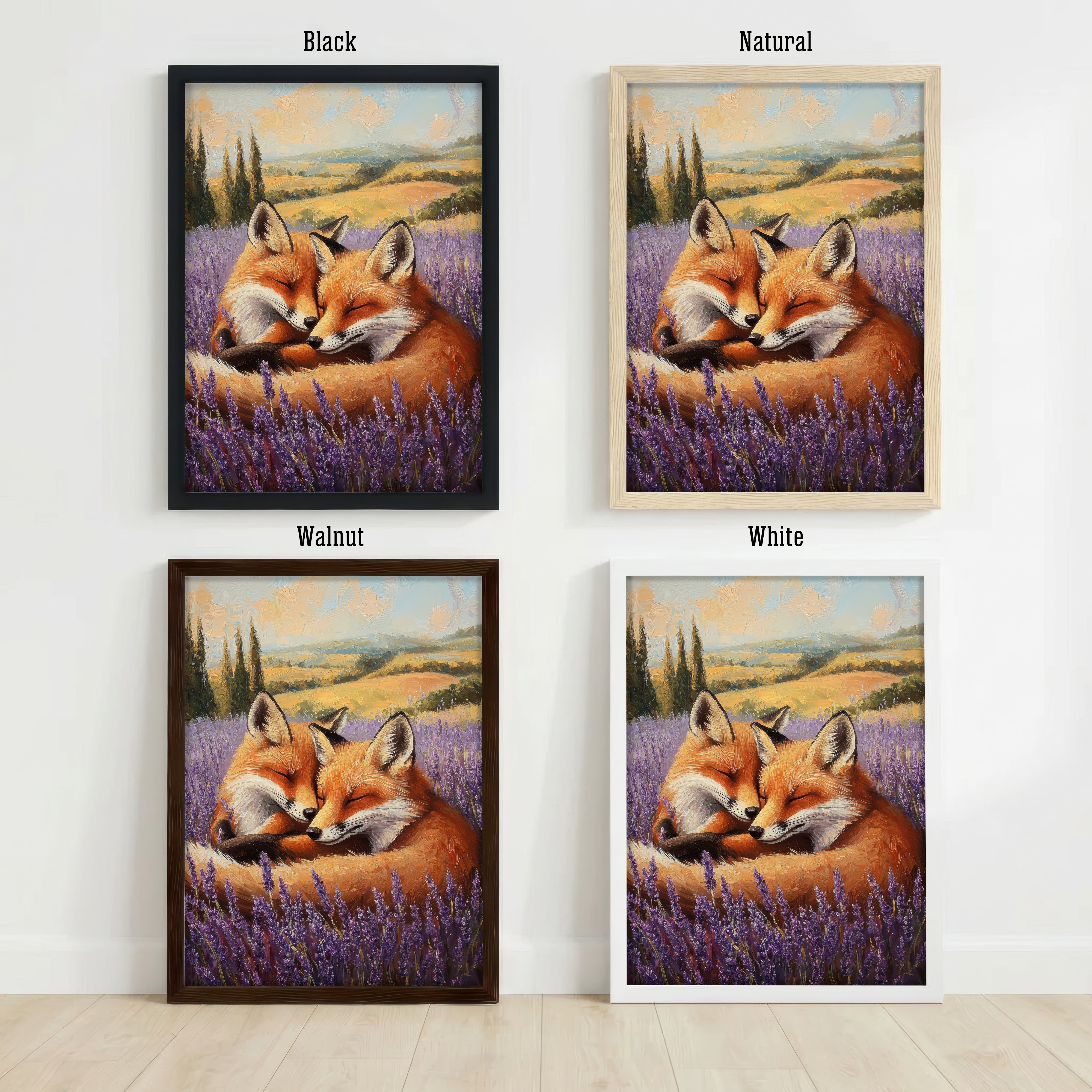 Cuddling Foxes Lavender Field Art Print