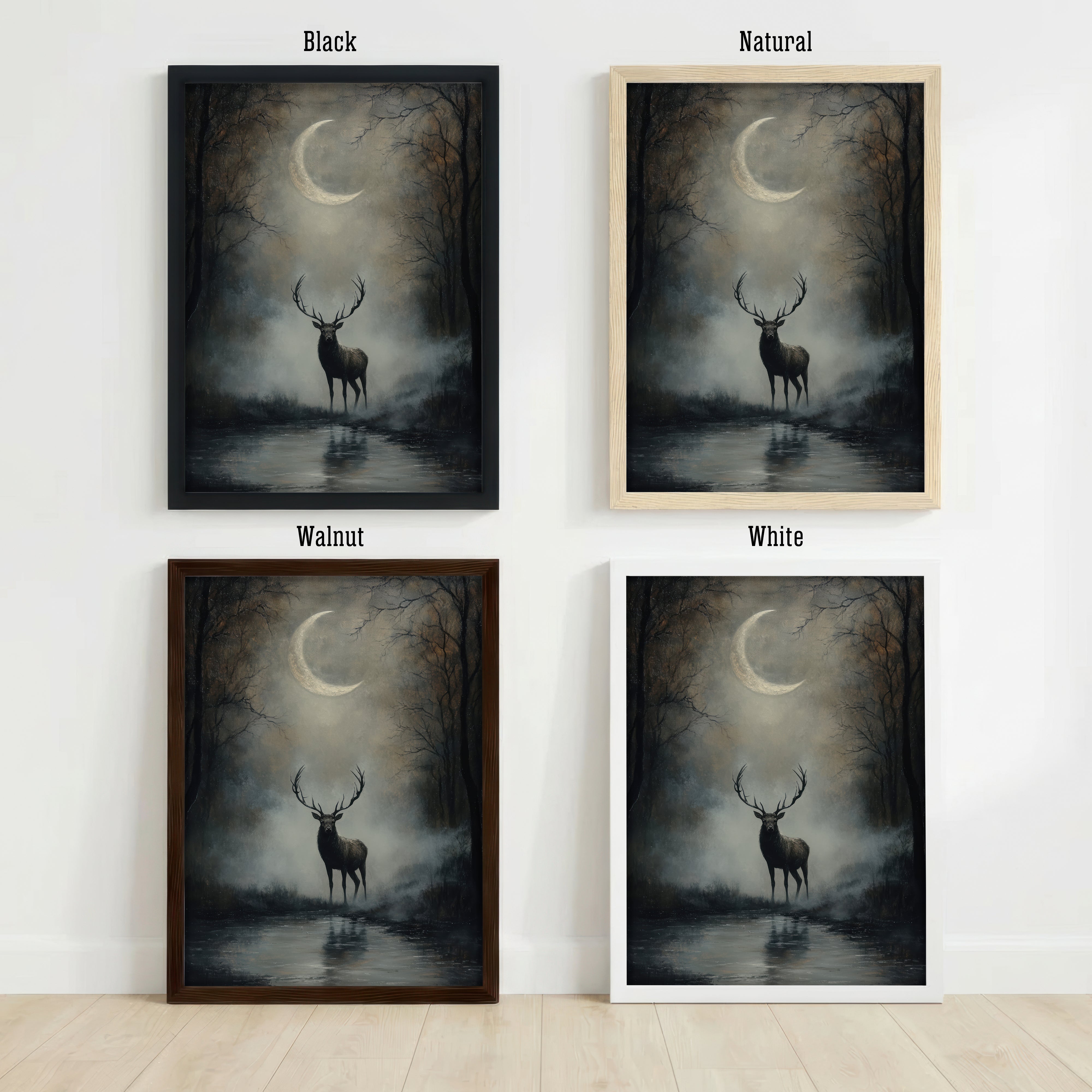 Moonlit Stag Dark Forest Art Print