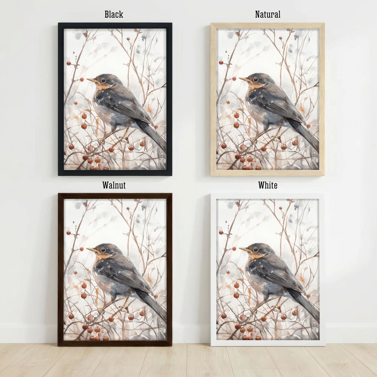 Blackbird Winter Berries Art Print