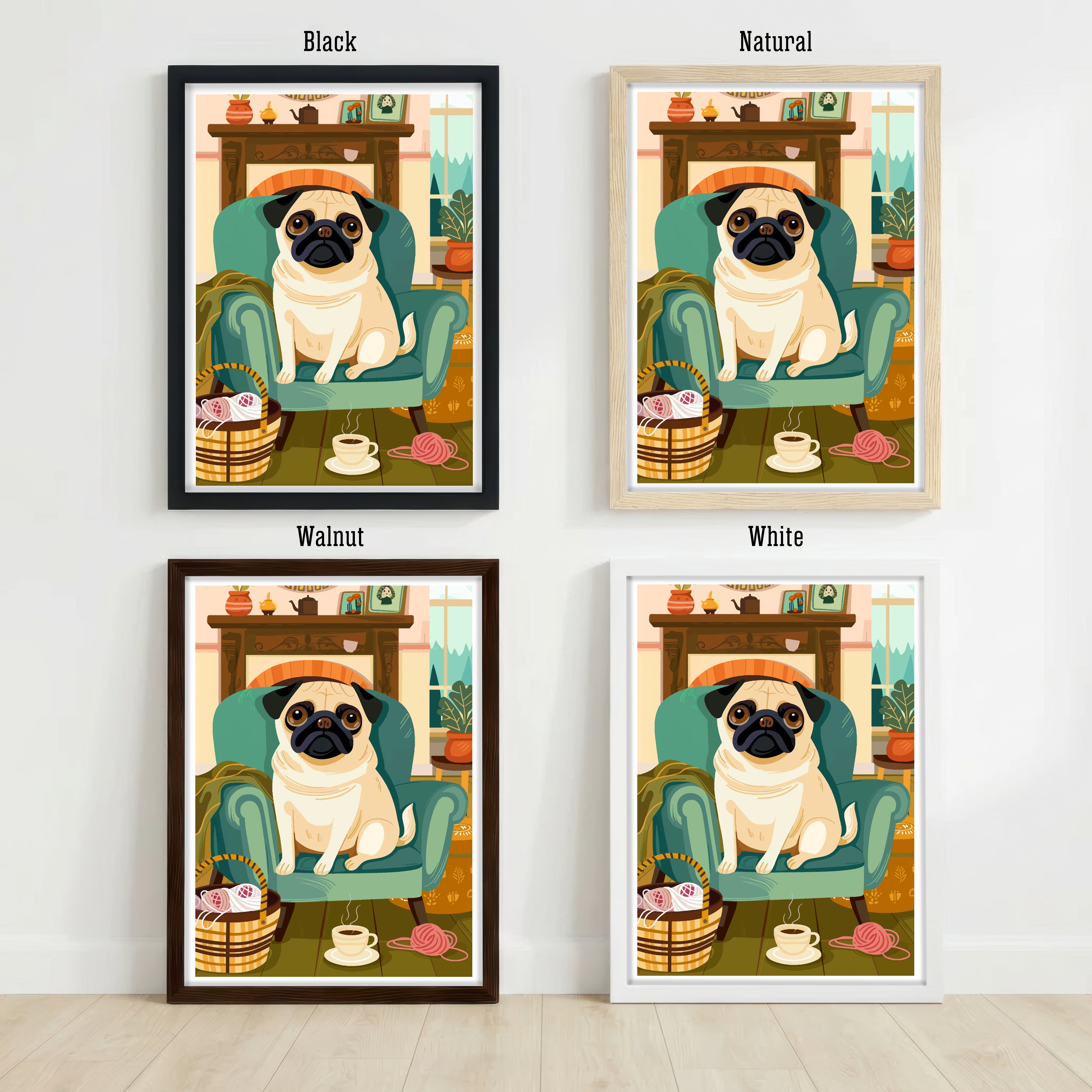 Cozy Pug Armchair Art Print