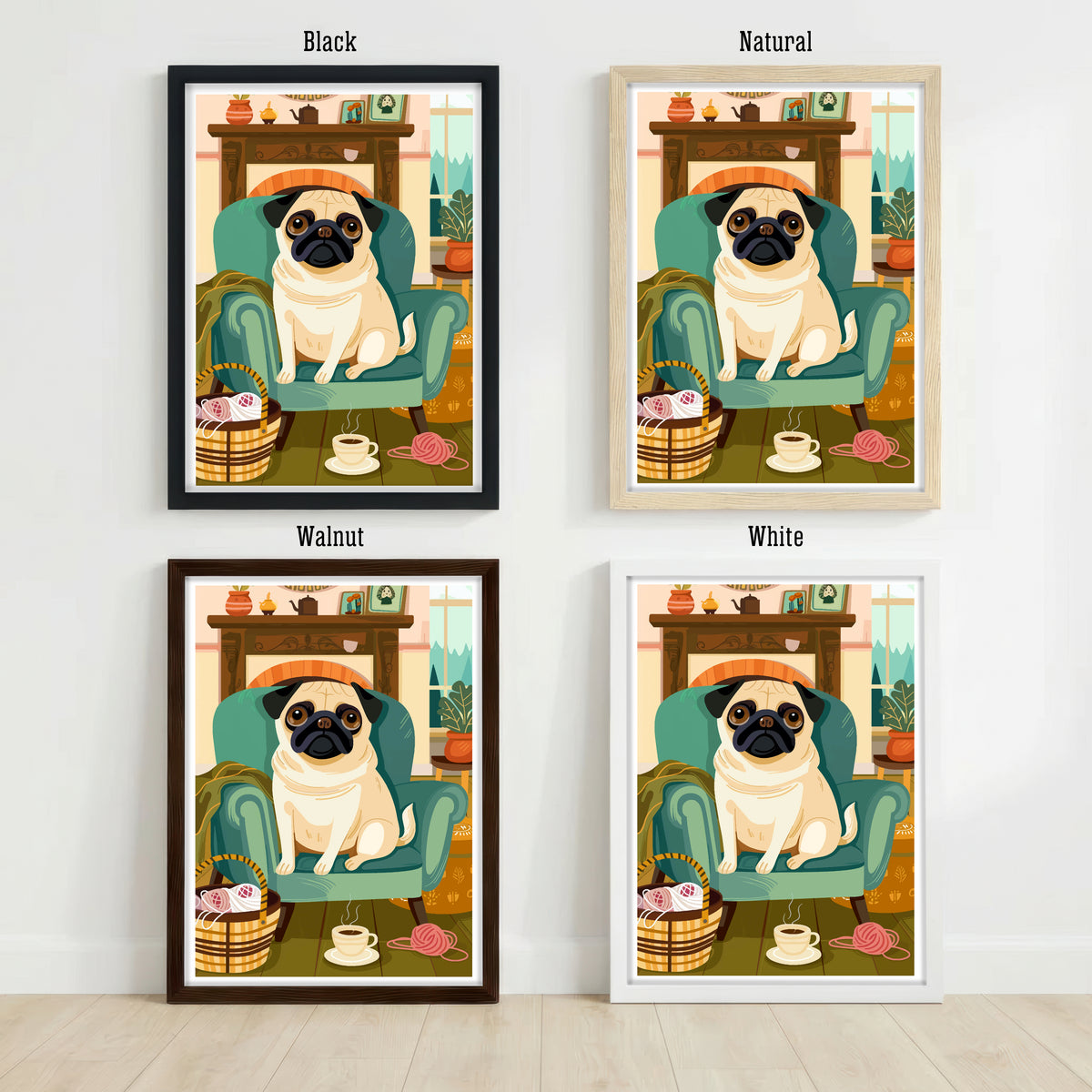 Cozy Pug Armchair Art Print
