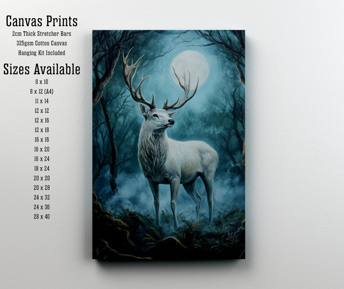 White Stag Moonlit Forest Art Print