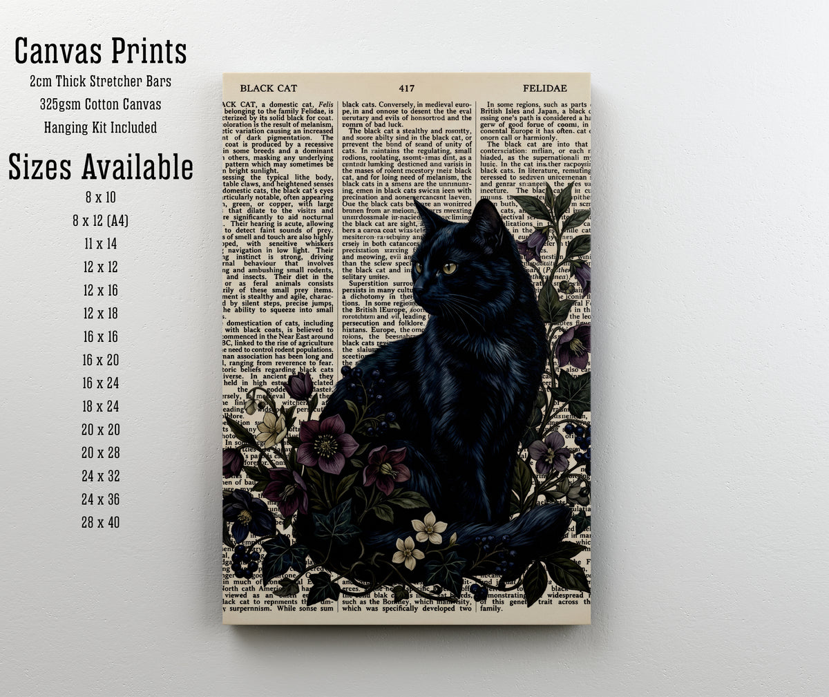 Vintage Black Cat Botanical Art Print