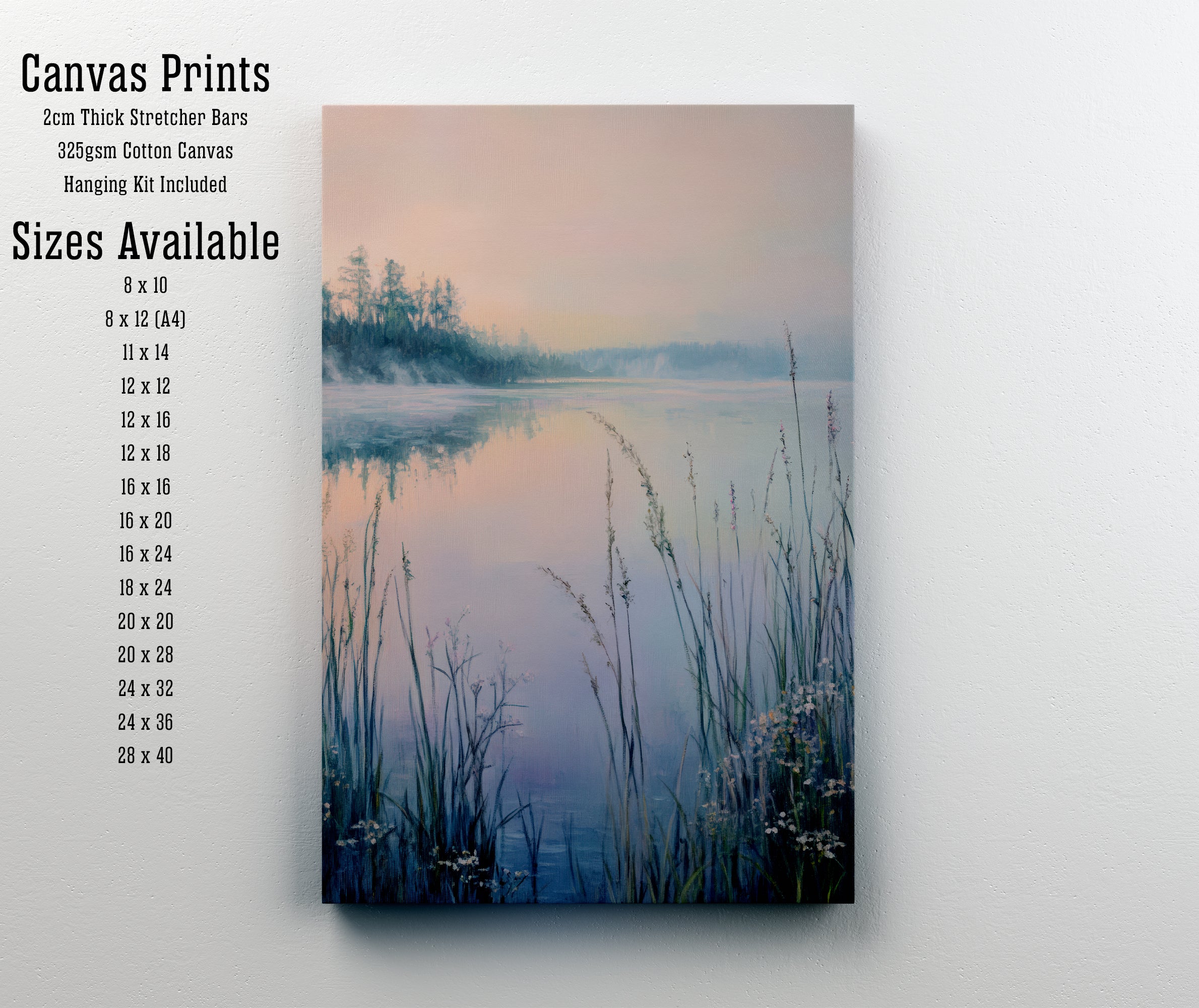 Misty Lake Reeds Landscape Art Print