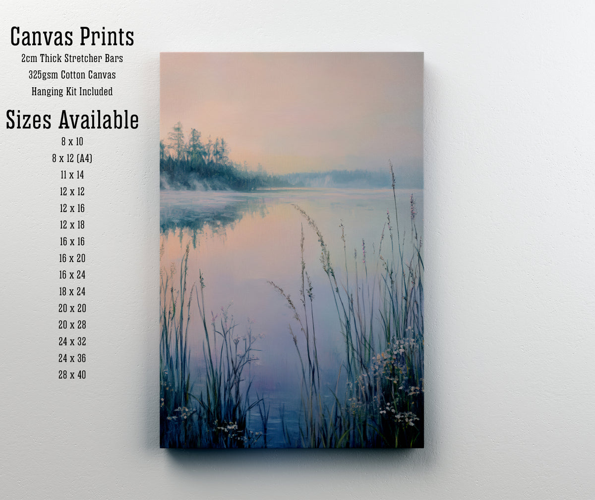 Misty Lake Reeds Landscape Art Print