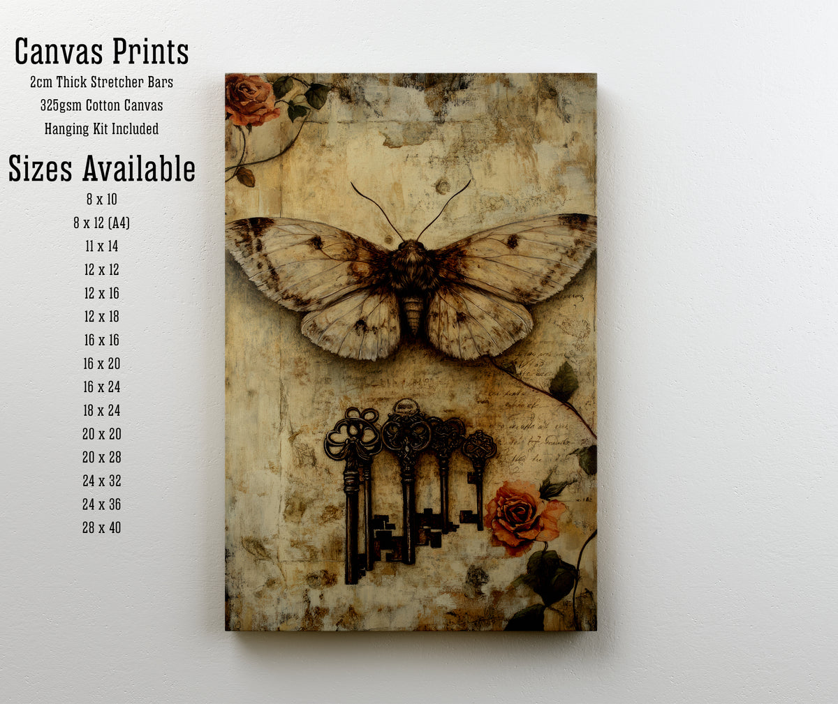 Moth and Keys Vintage Art Print