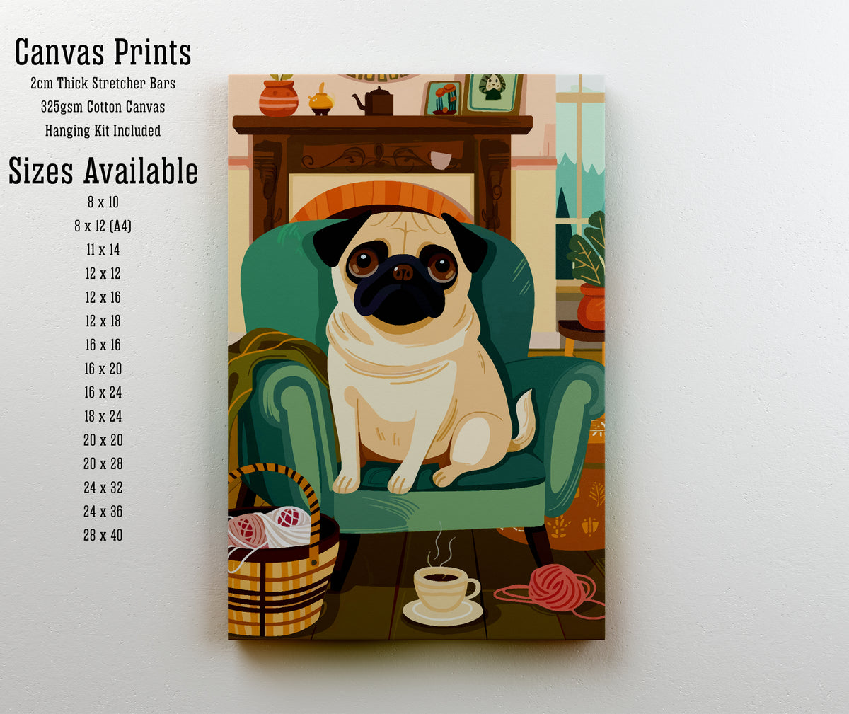 Cozy Pug Armchair Art Print