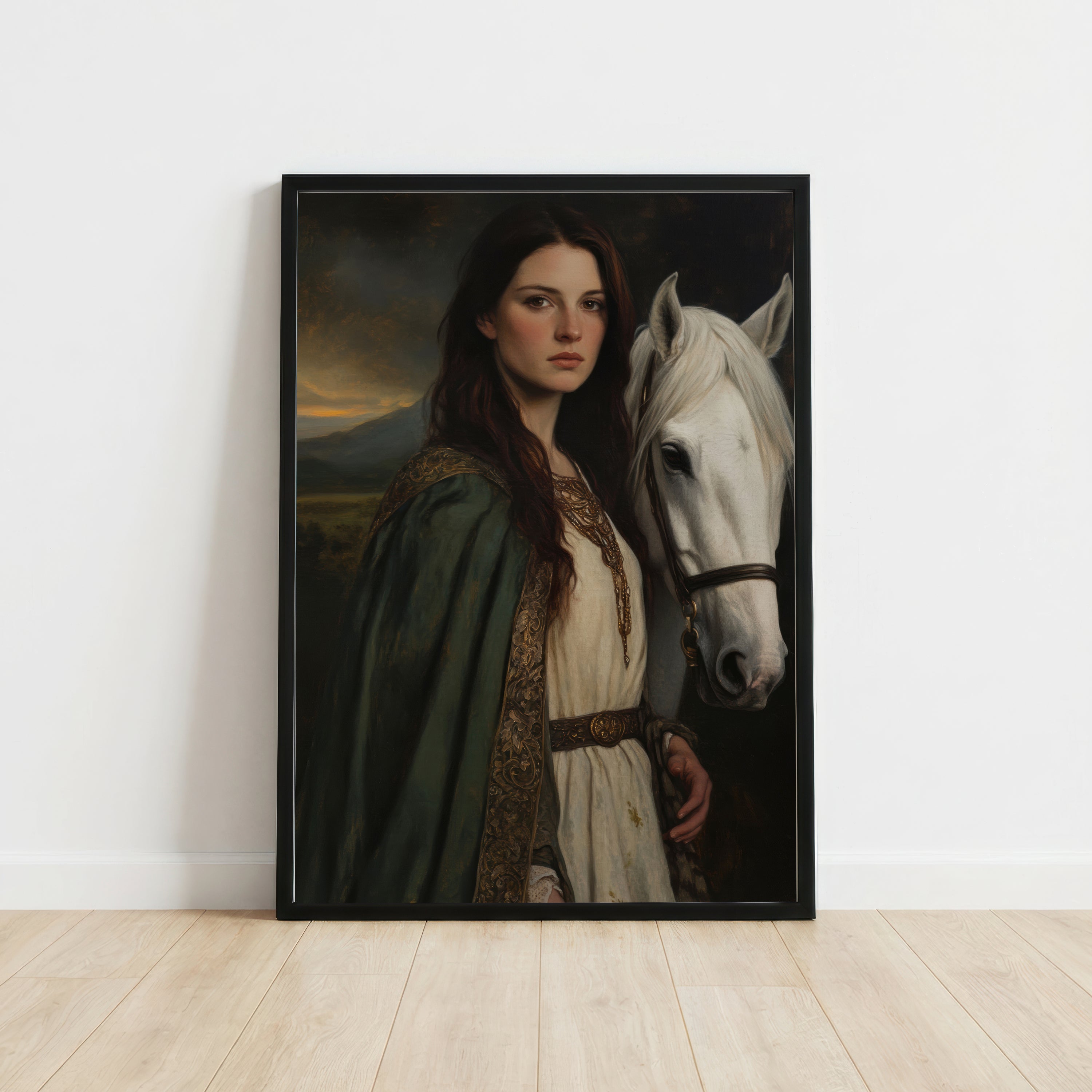 Medieval Woman and White Horse Art Print