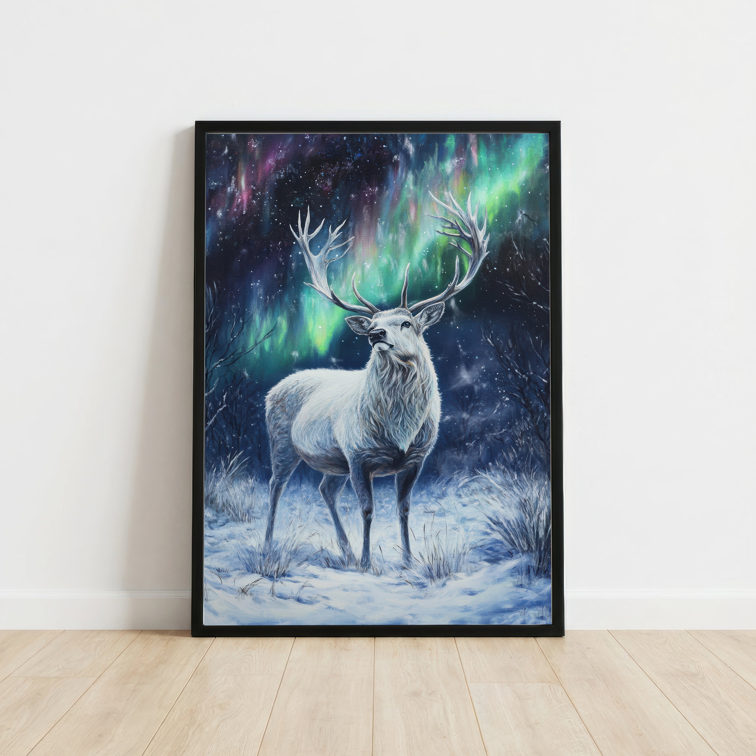 Stag Under Northern Lights Art Print