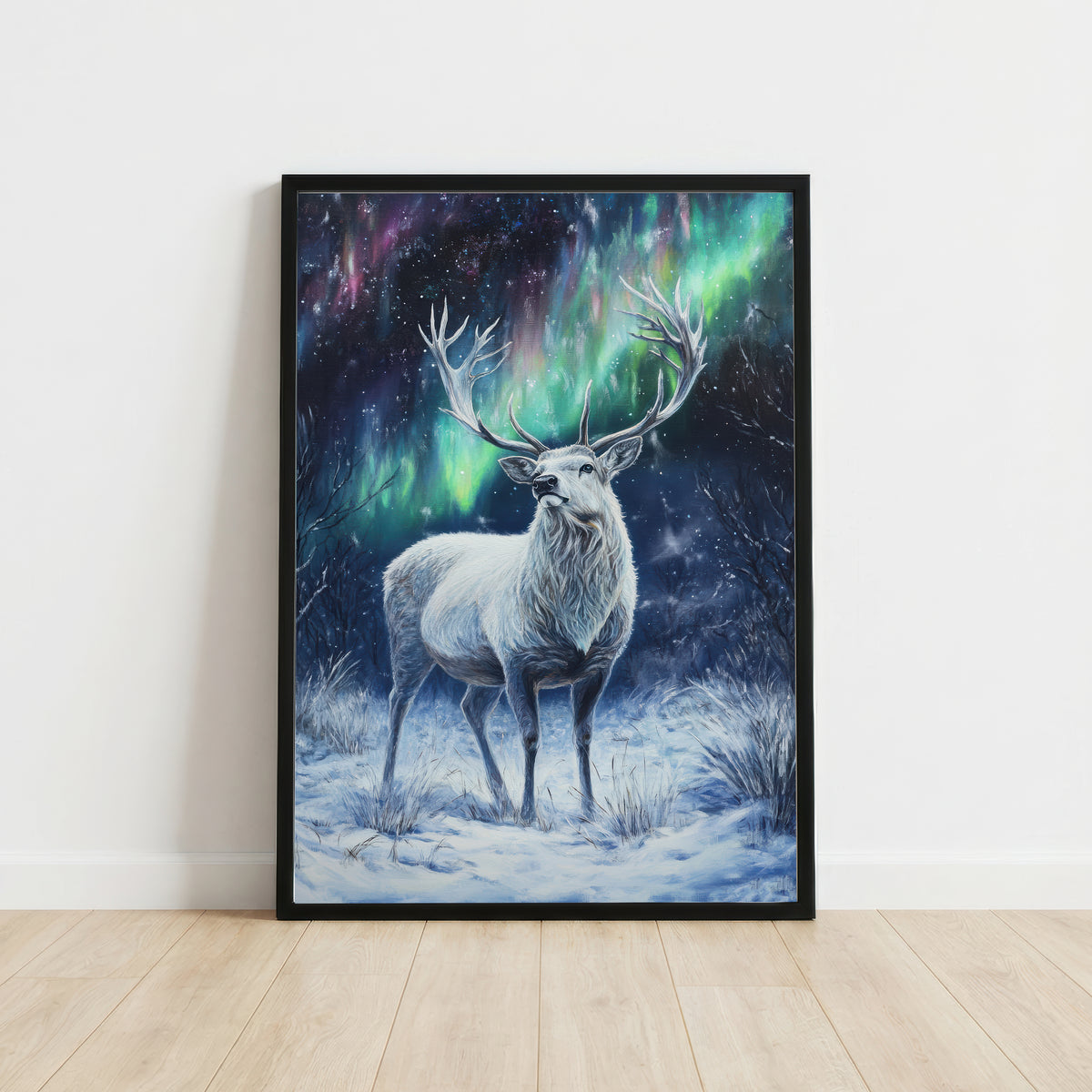 Stag Under Northern Lights Art Print