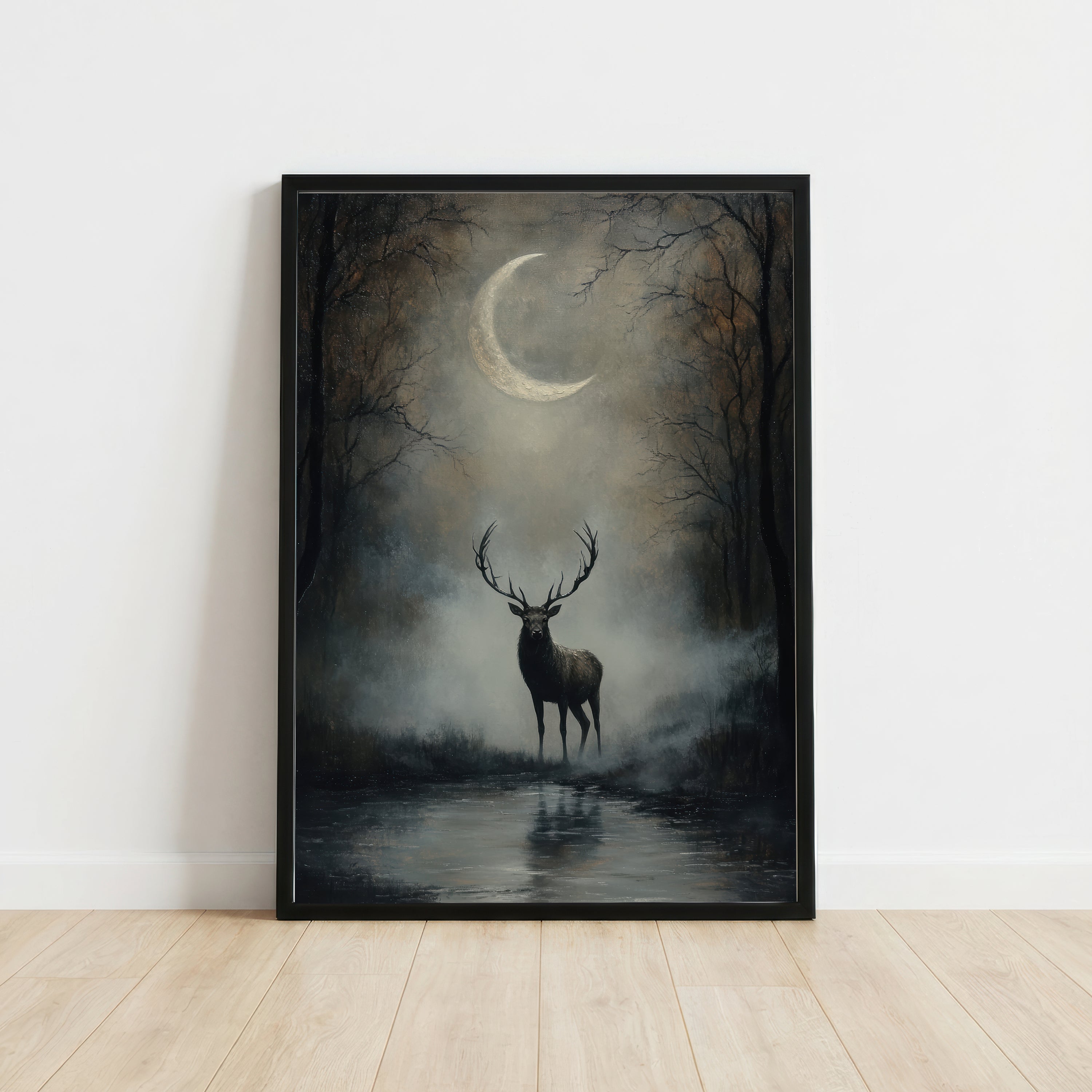 Moonlit Stag Dark Forest Art Print