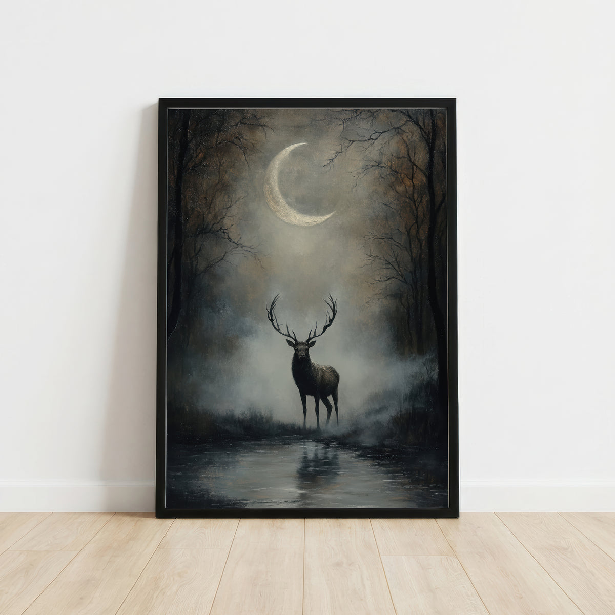 Moonlit Stag Dark Forest Art Print