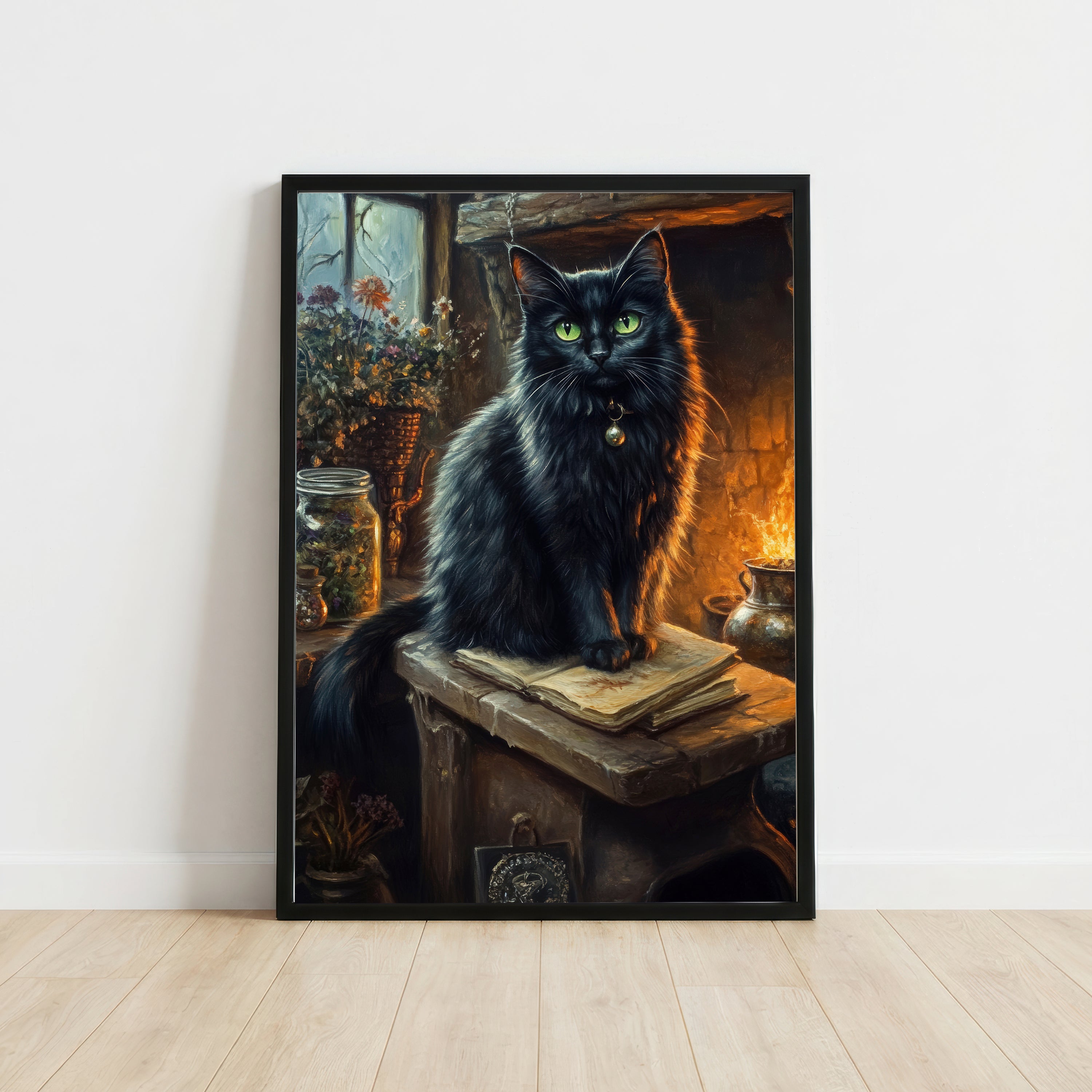 Black Cat Fireplace Art Print