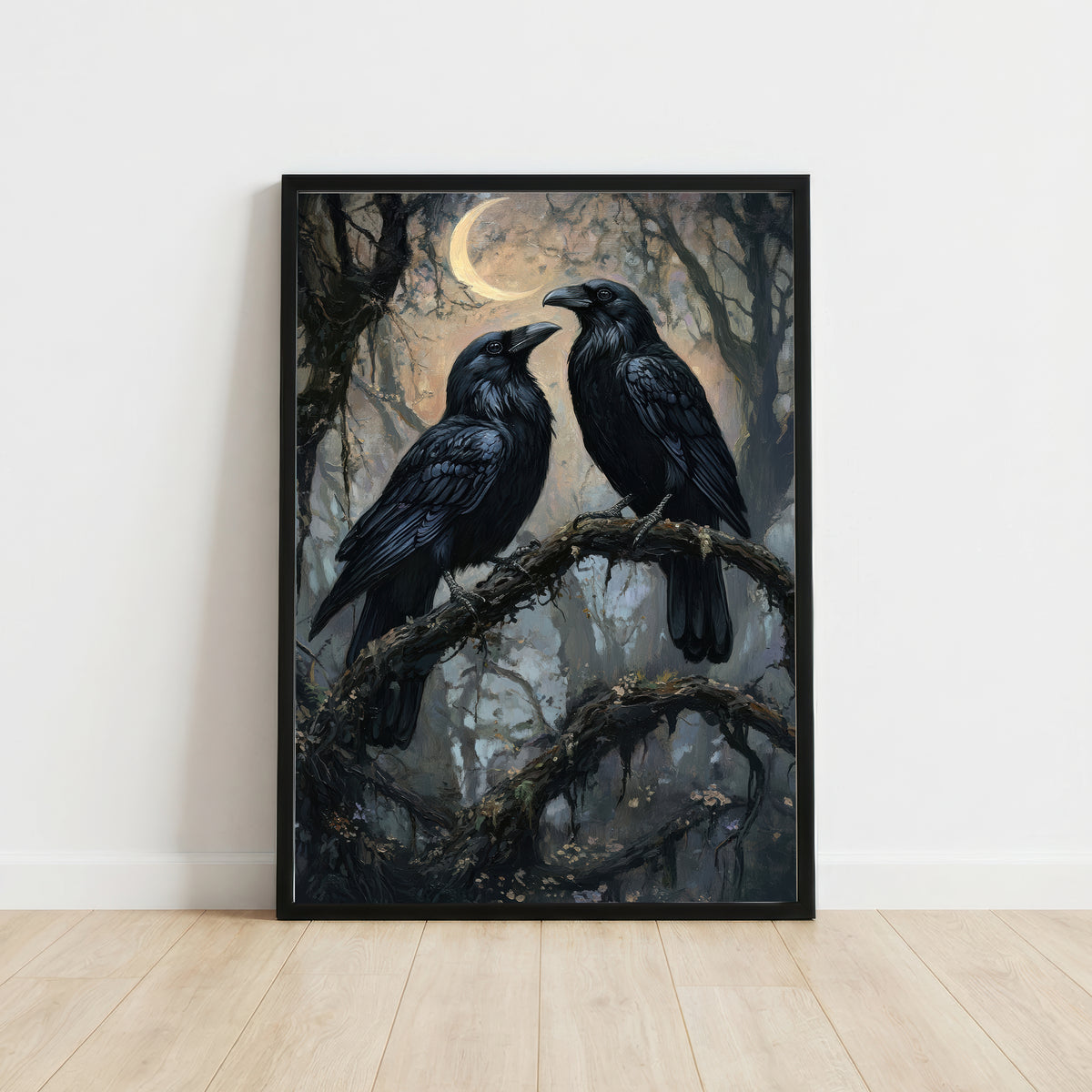 Raven Pair Moonlit Forest Art Print