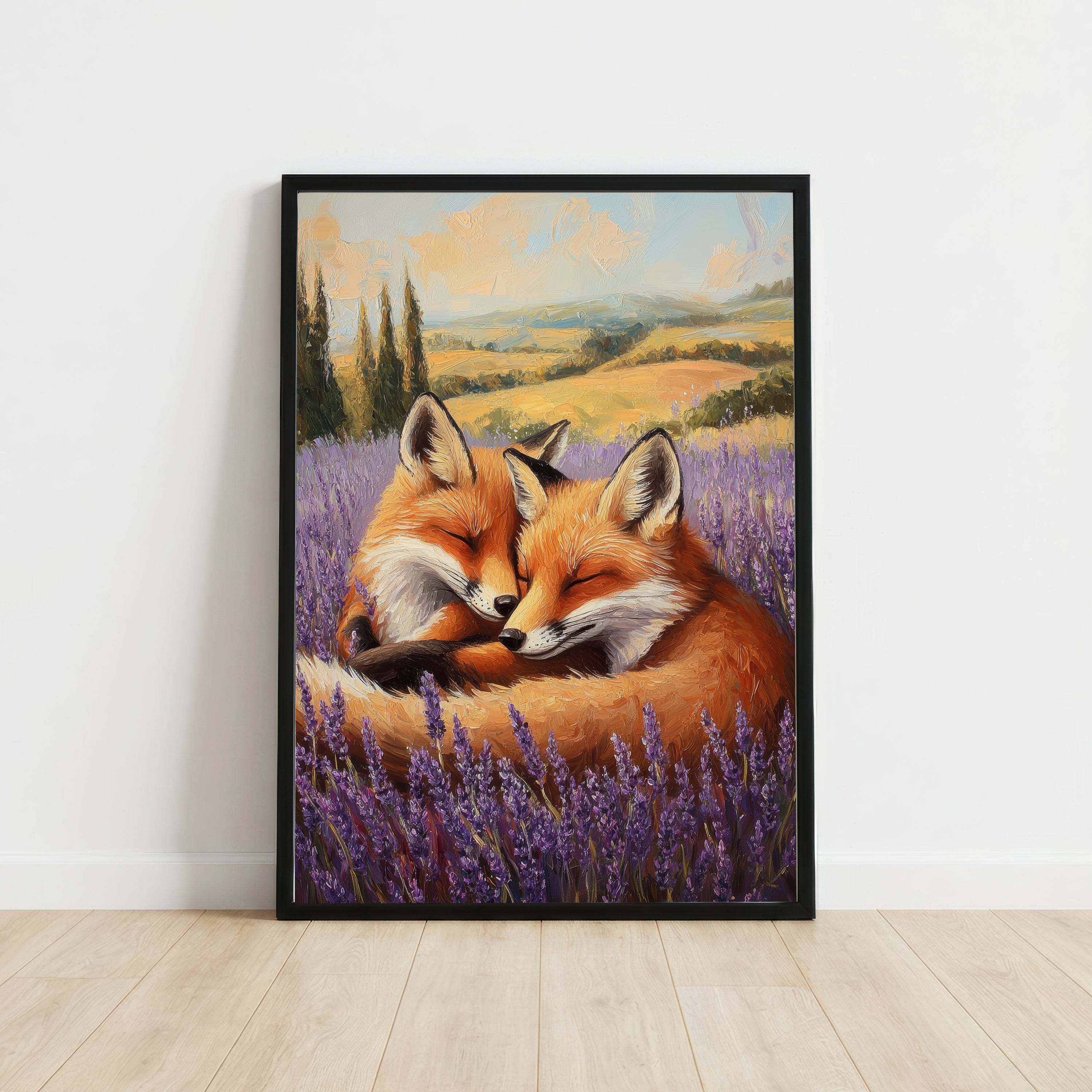 Cuddling Foxes Lavender Field Art Print