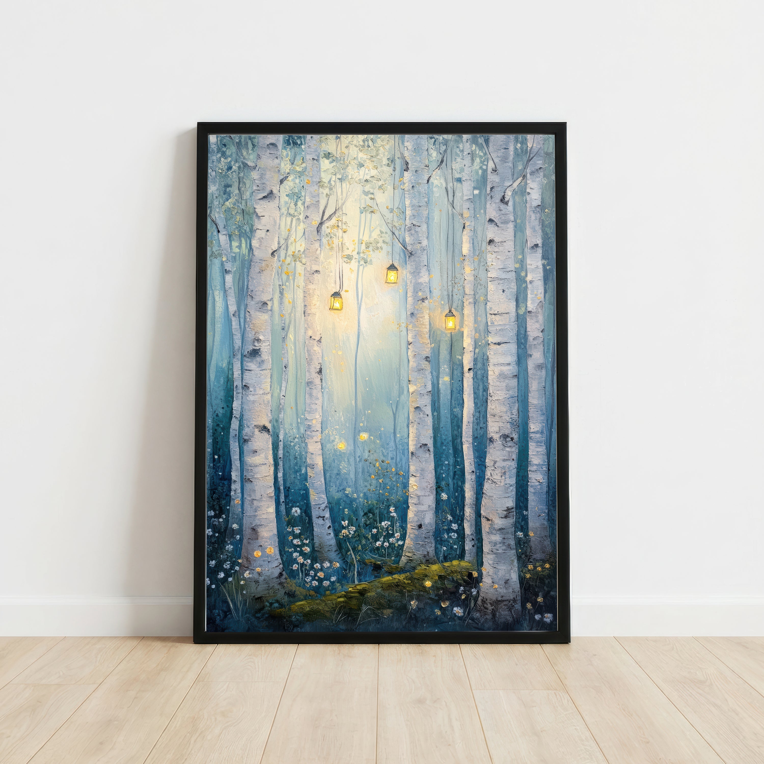 Enchanted Birch Forest Lantern Art Print