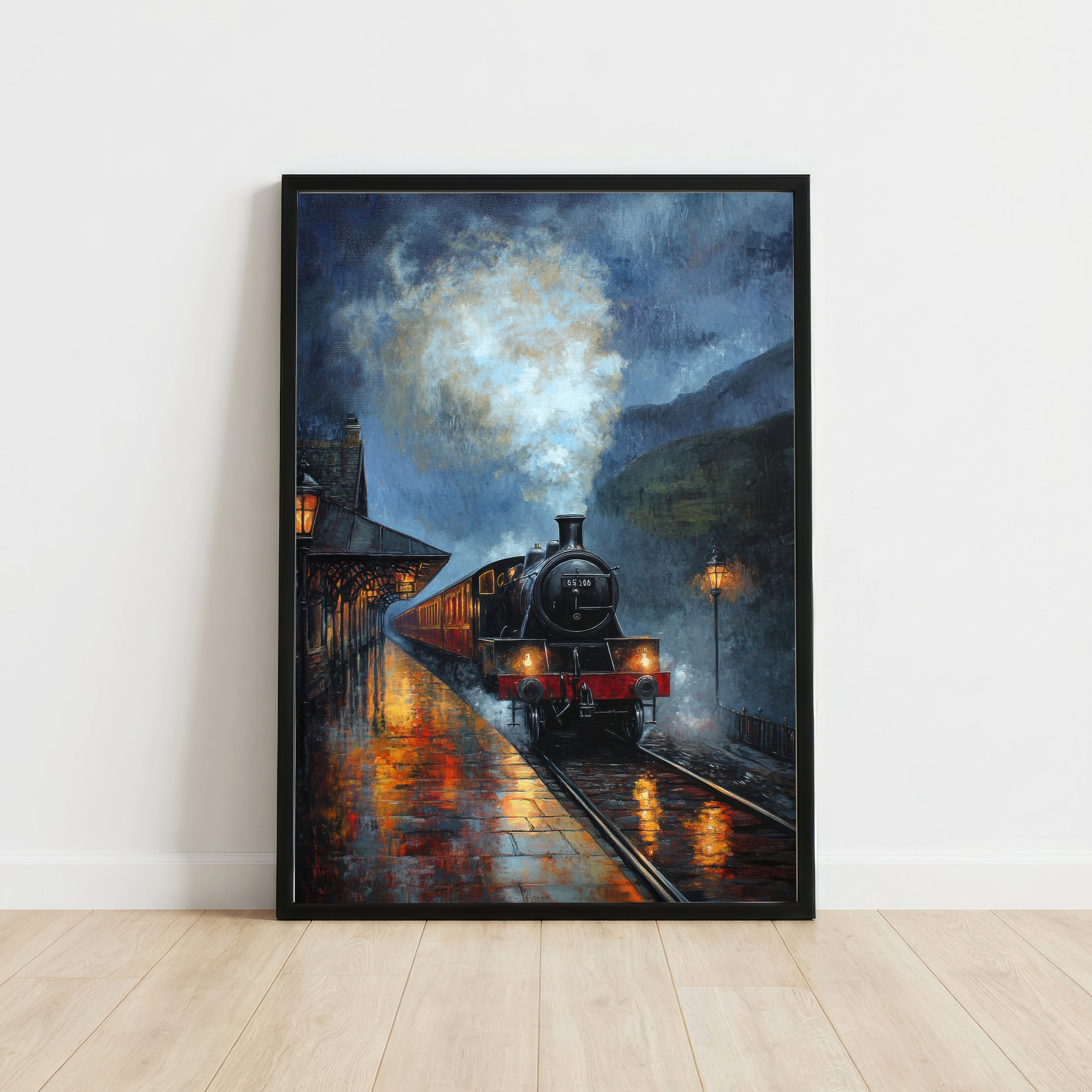 Rainy Steam Train Station Art Print